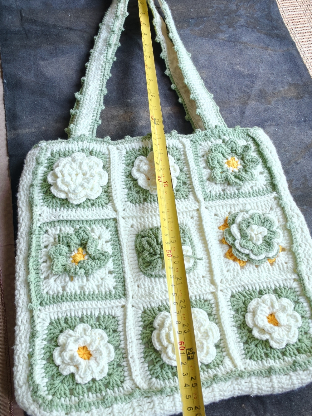 Handmade  White Canvas Bag with Mint Green Crochet Trim crochet shoulder bag - Picture 7 of 10